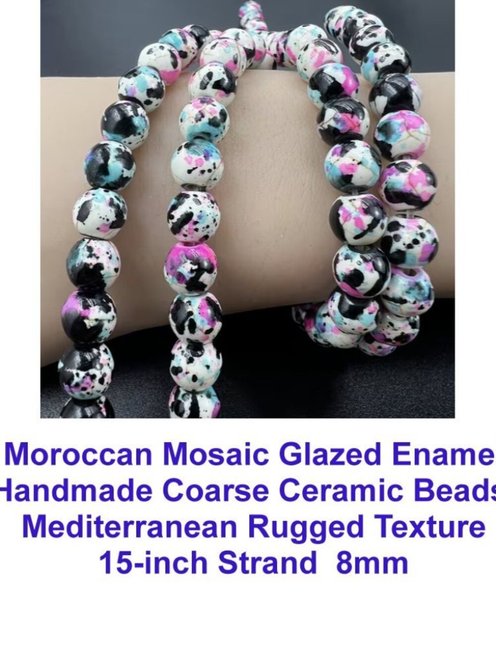 Moroccan Mosaic Glazed Enamel Handmade Coarse Ceramic Beads 15" Strand 8mm